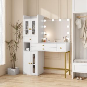 Vabches White Makeup Vanity Desk with Mirror and Lights, 3-Color Adjustable Light Vanity Table Set, Large Modern Makeup Table with Drawers, Vanity and Storage Cabinet 2-in-1 Design, Vanity Organizer