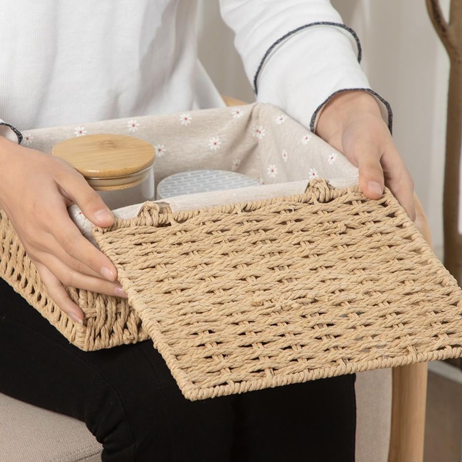 Rattanzenith Small Wicker Basket with Lid Paper Rope Storage Baskets for Shelves Set of 3 Tampon Holder with Lid and Removable Liner for Bathroom Makeup Closet Drawer Desk Organizer (Khaki)