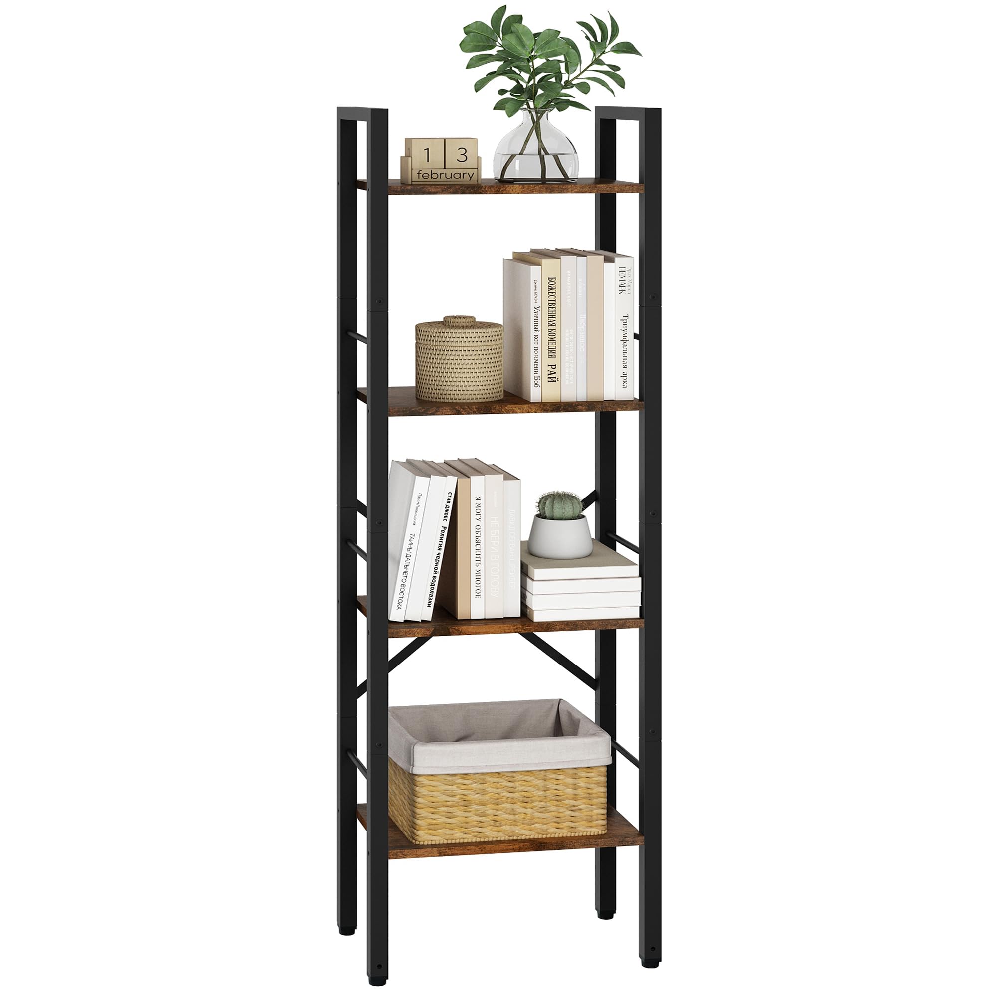 Tajsoon 4 Tier Bookshelf Industrial Ladder Shelf, Tall Skinny Bookshelf with Wood, Freestanding Thin Bookshelf for Home Office, Living Room, Bedroom, Metal Frame, Rustic Brown