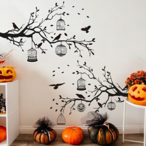 2 sheets halloween wall decals gothic wall decals removable raven wall stickers black crow cage decorations for gothic double sided design pvc wall art decal for living room wall room decor