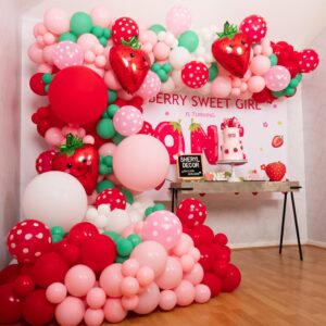 ALL-IN-1 Strawberry Balloon Arch Kit & Garland with BONUS Strawberry – Small and Large Red Pink Green Strawberry Balloons – Strawberry Shortcake Party Decorations Supplies for Birthday & Baby Shower