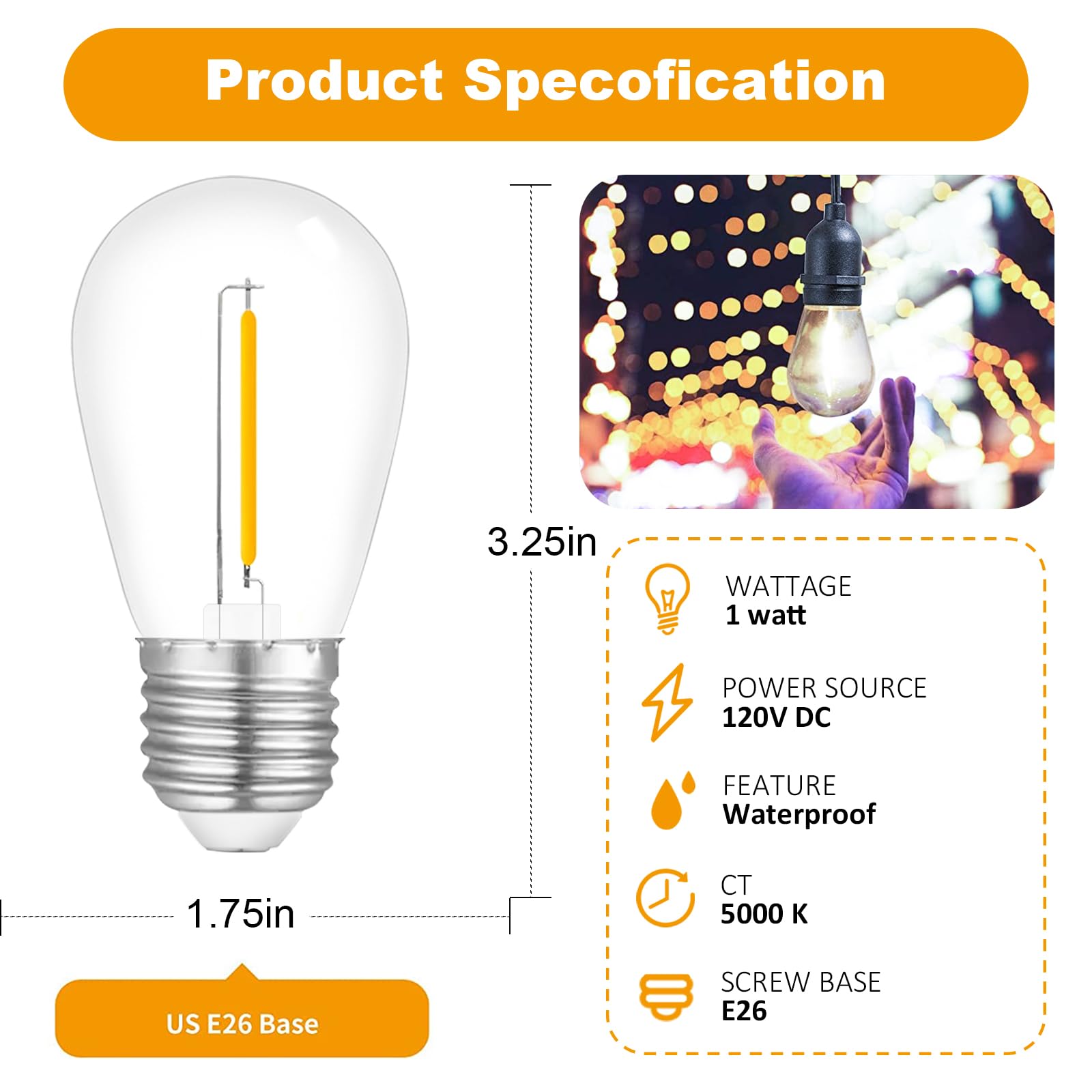 Visther LED 5000K Outdoor String Light Bulbs, Waterproof S14 Replacement Bulb, E26 Base, 1W 120V, Daylight, 24-Pack