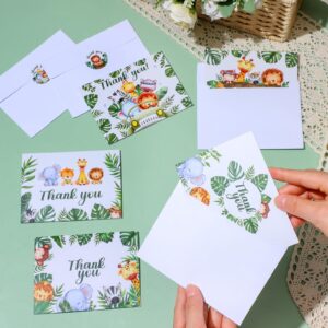 100 Pcs Safari Jungle Thank You Cards with Envelopes Stickers Forest Animals Greenery Greeting Note Cards Woodland Zoo Gratitude Card for Baby Shower Kids Birthday Party Supplies