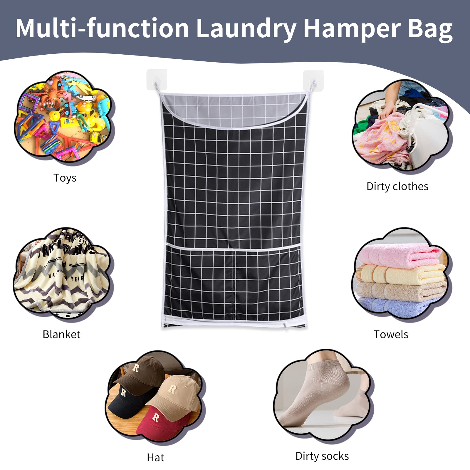 3 Pack Hanging Laundry Hamper Bag - with Free Adjustable Stainless Steel Door Hooks Best Choice for Holding Dirty Clothes and Saving Space