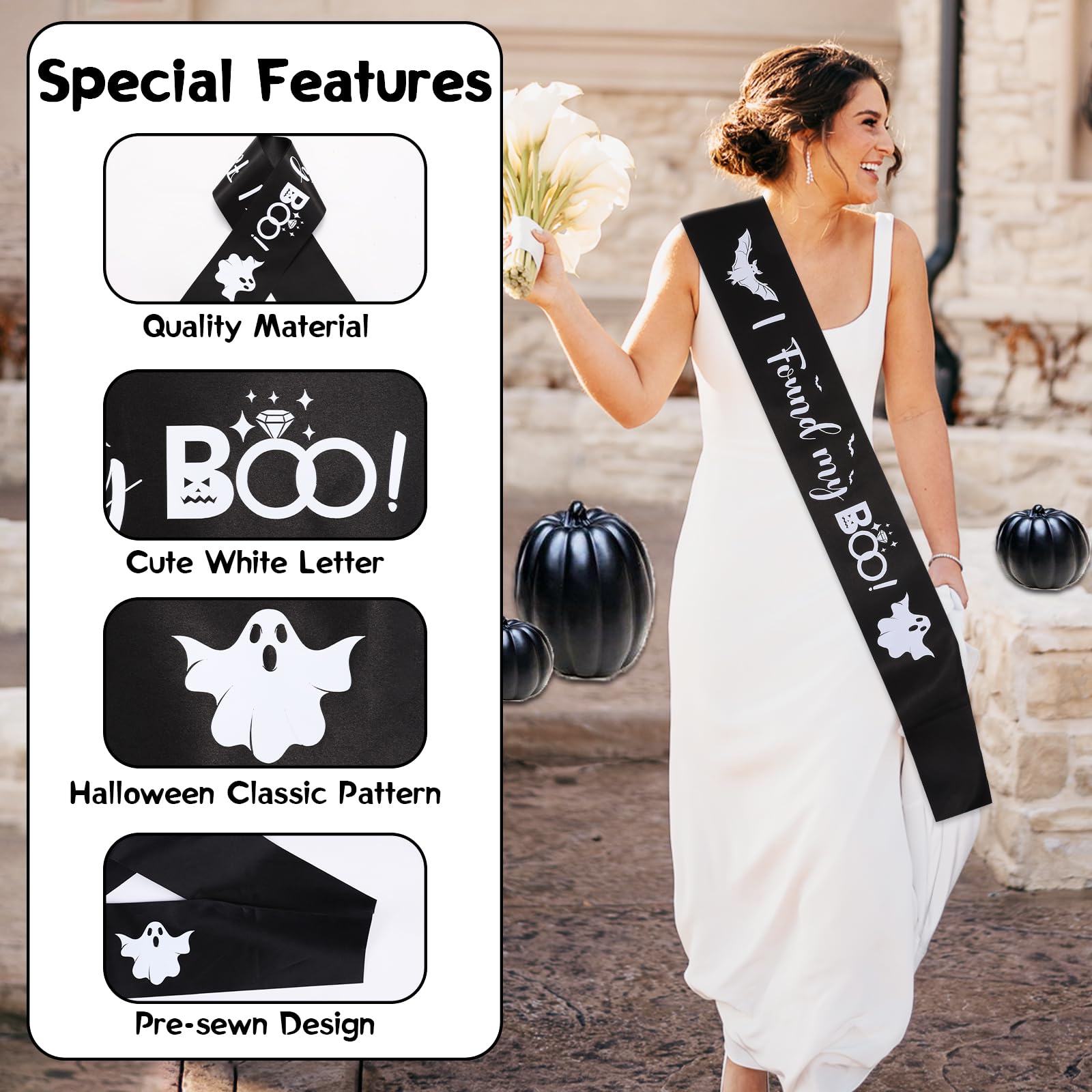 Halloween Bachelorette Sash, I Found My Boo Sash for Girl Bride, Black Sash with White Printing Letters for Halloween Bridal Shower Girls' Night Out Engagement Party One Size Fits Most