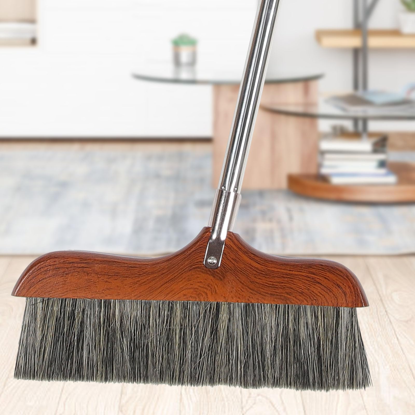 Yardwe Horse Hair Soft Bristle Broom Wooden Handle Angle Broom Floor Cleaning Broom Hair Removal Sweeper Carpet Sweeping Brush for Indoor Outdoor Kitchen