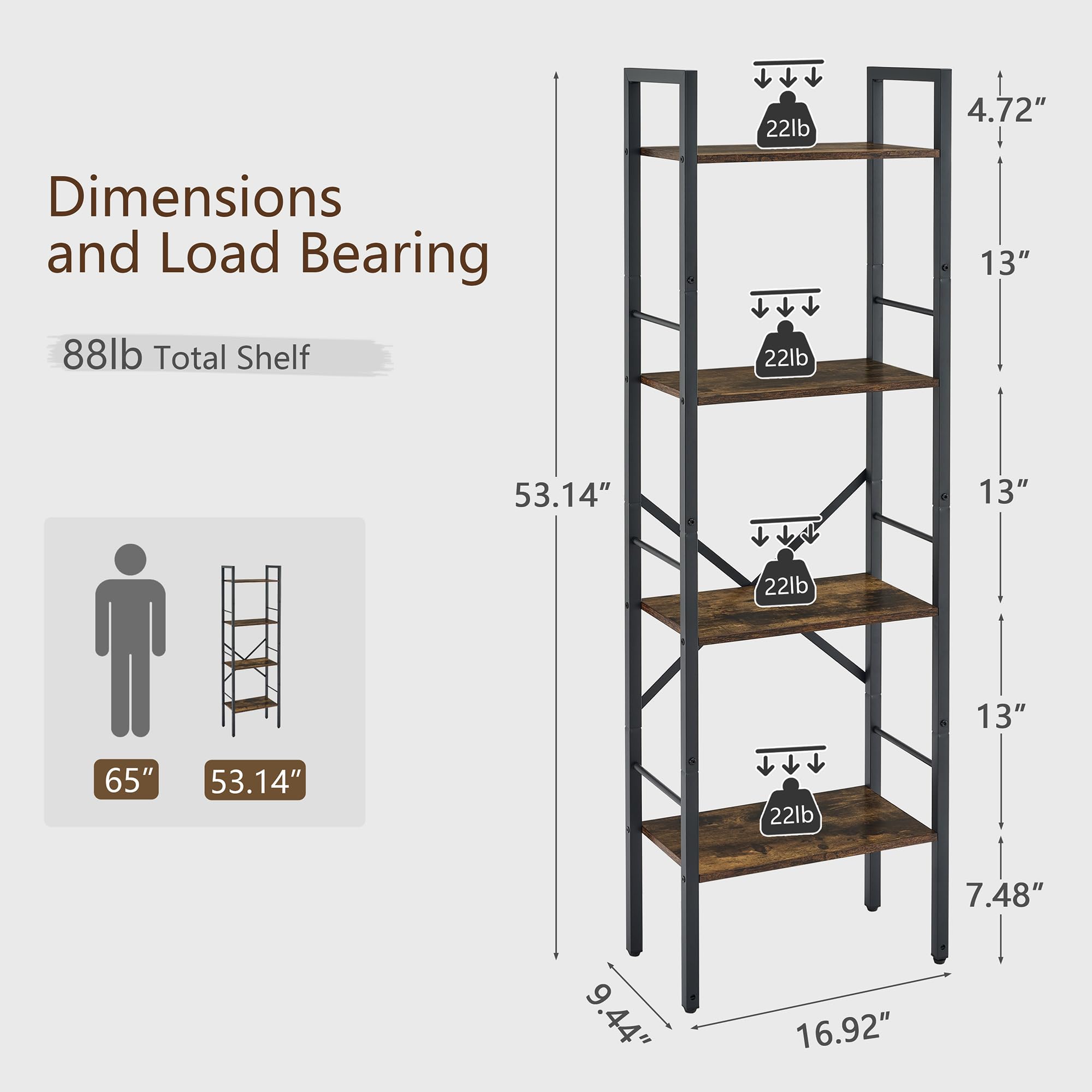 Tajsoon 4 Tier Bookshelf Industrial Ladder Shelf, Tall Skinny Bookshelf with Wood, Freestanding Thin Bookshelf for Home Office, Living Room, Bedroom, Metal Frame, Rustic Brown