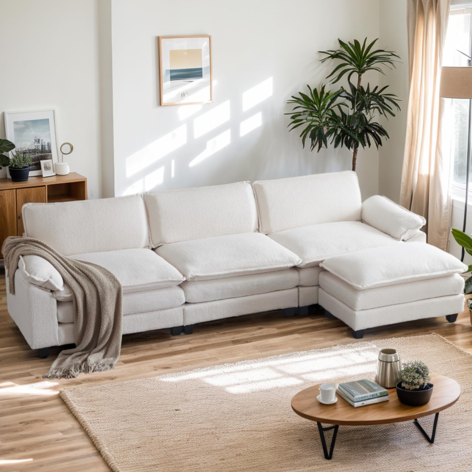 Karl home Sectional Sofa Modular Deep Seat Sofa Couch with Ottoman, Teddy Fleece Sofa Sleeper Comfy Upholstered Furniture for Living Room, Apartment, Studio, Office, (3-Seat & 1-Ottoman, White)