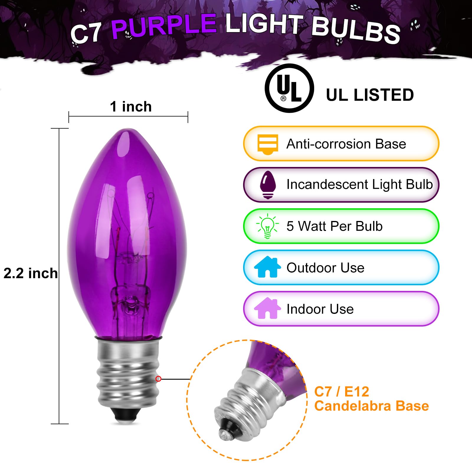 Agaphoton 25 Pack Purple Christmas Replacement Bulbs, C7 Clear Purple Flame Replacement Bulbs for Outdoor String Light, C7/E12 Candelabra Base 5 Watt Great for Christmas Bulbs