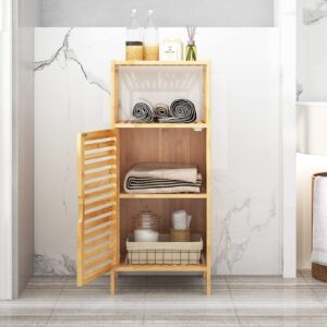 SogesHome Bamboo Bathroom Storage Cabinet, Freestanding Floor Cabinet with 2-Tier Shelf for Kitchen, Midi Cabinets with 1-Door for Living Room, Bathroom