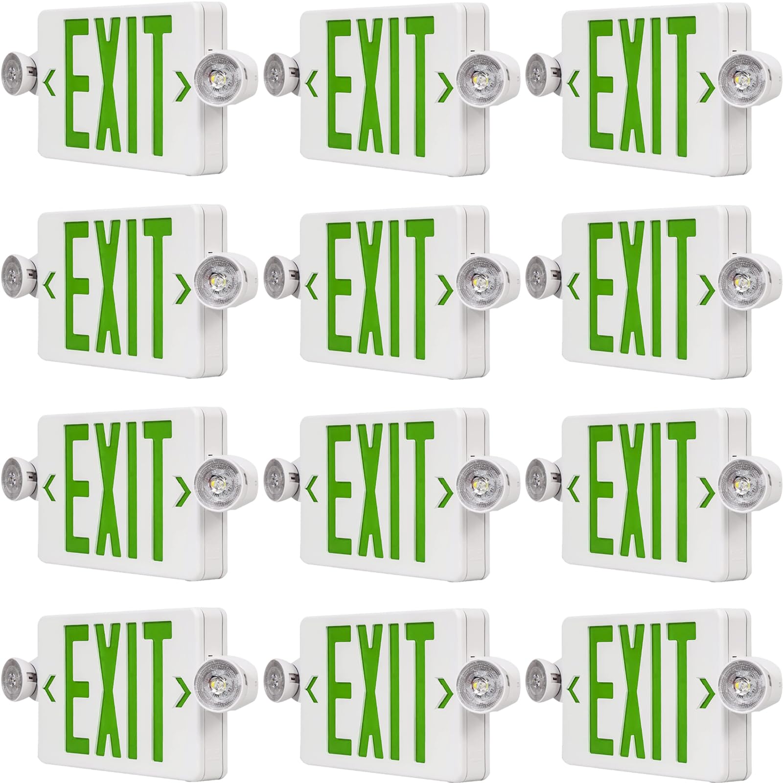 Green LED Exit Sign Emergency Lights with 2 Adjustable Head Lights, Green Letter Emergency Exit Lighting With Battery backup, US Standard Double Sided ABS Fire Resistant UL 924 AC 120/277V (12-Pack)