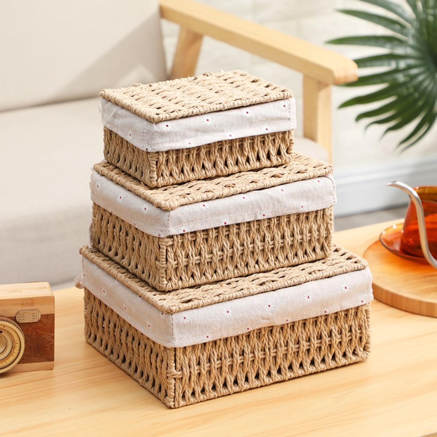 Rattanzenith Small Wicker Basket with Lid Paper Rope Storage Baskets for Shelves Set of 3 Tampon Holder with Lid and Removable Liner for Bathroom Makeup Closet Drawer Desk Organizer (Khaki)