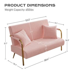 Nolohoo Loveseat Couch Set of 2 with Gold Legs, 58.6" W Pink Small Sofa with 2 Pillows, Tufted Upholstered Settee 2 Seater Mini Couch for Living Room, Bedroom, Office, Apartment (Pink,Velvet)