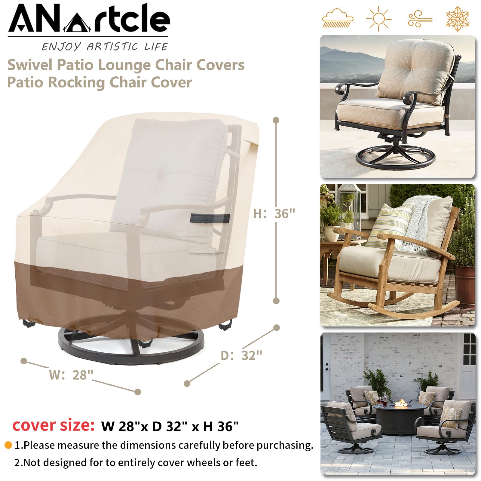 ANartcle Outdoor Swivel Rocker Chair Cover 2 Pack,Patio Swivel Chair Covers for Outdoor Furniture(28W x 33D x 38.5H Inch),Rocking Chair Covers Waterproof,Beige&Brown.