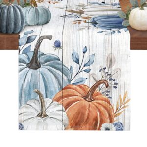 Fall Table Runner Blue Pumpkin Table Runners for Dining Room Leaves Floral Wood Grain Dinner Runner Thanksgiving Kitchen Decor 13" x 72"