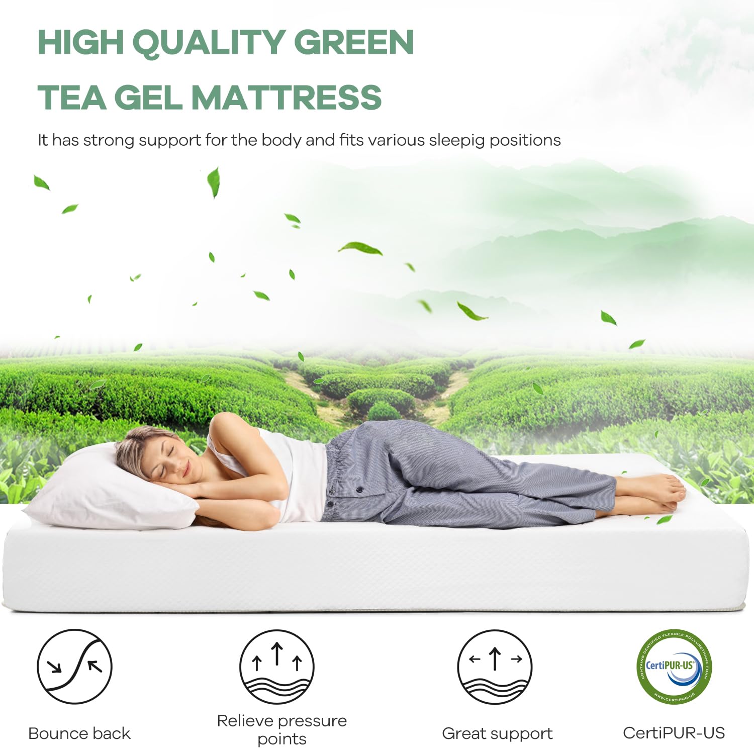 NChanmar 8 inch Memory Foam Mattress Cooling Gel Green Tea Mattress/Pressure Relieving/CertiPUR-US Certified/Bed-in-a-Box/Cooling Gel Foam, White,Queen