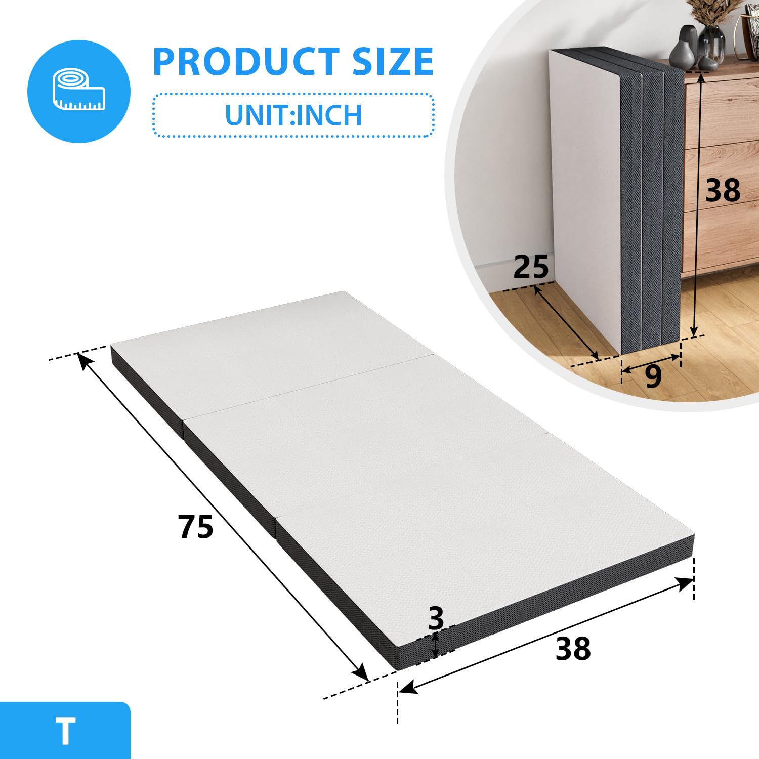 3 inch Memory Foam Tri Folding Mattress/Portable Foldable Mattress Topper with Washable Cover Non-Slip Bottom for Camping, Guest, Floor RV, CertiPUR-US Certified,Twin