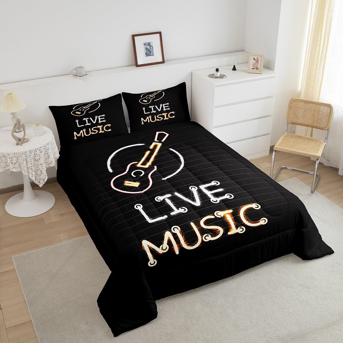 Erosebridal Neon Guitar Bedding Full for Boys Girls Live Music Comforter Set, Glowing Guitar Down Comforter Black Musical Instrument Bedding Comforter Sets, Rock Music Bar Duvet Insert 3pcs