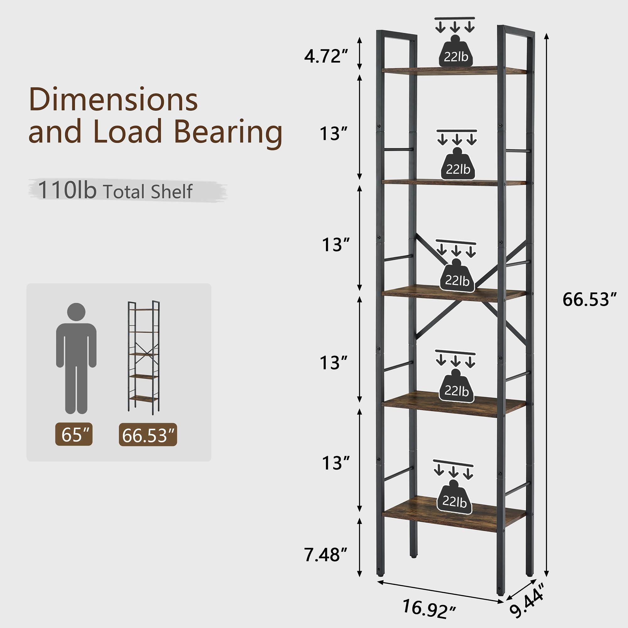 Tajsoon 5 Tier Ladder Bookshelf Industrial Ladder Shelf, Narrow Tall Skinny Bookshelf with Metal Frame, Multipurpose Standing Book Shelf for Bedroom, Living Room, Kitchen, Home Office, Rustic Brown