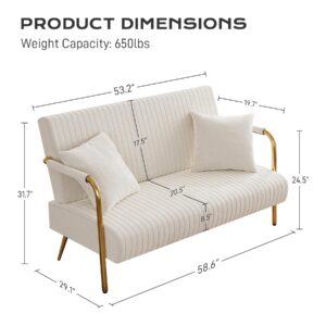 Nolohoo Loveseat Couch with Gold Legs, Velvet Upholstered Small 2 Seater Sofa with 2 Pillows, 58.6" W Comfy Settee Mini Couches for Office Living Room Compact Space (Beige White,Velvet)