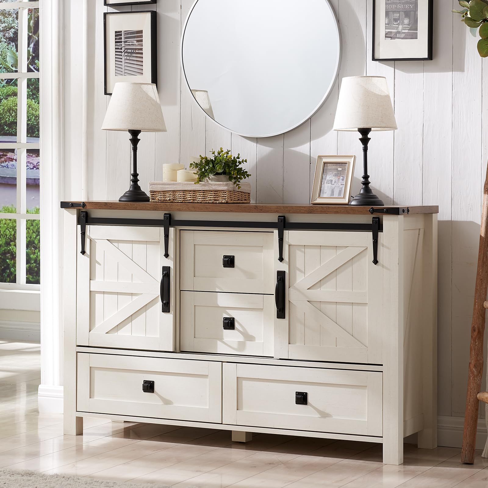 T4TREAM Farmhouse Dresser for Bedroom w/4 Drawers & Sliding Barn Doors, 48'' Wide Chest of Drawers, Rustic Dresser TV Stand w/Shelf, Dresser Organizer for Bedroom, Living Room, Entryway, Antique White