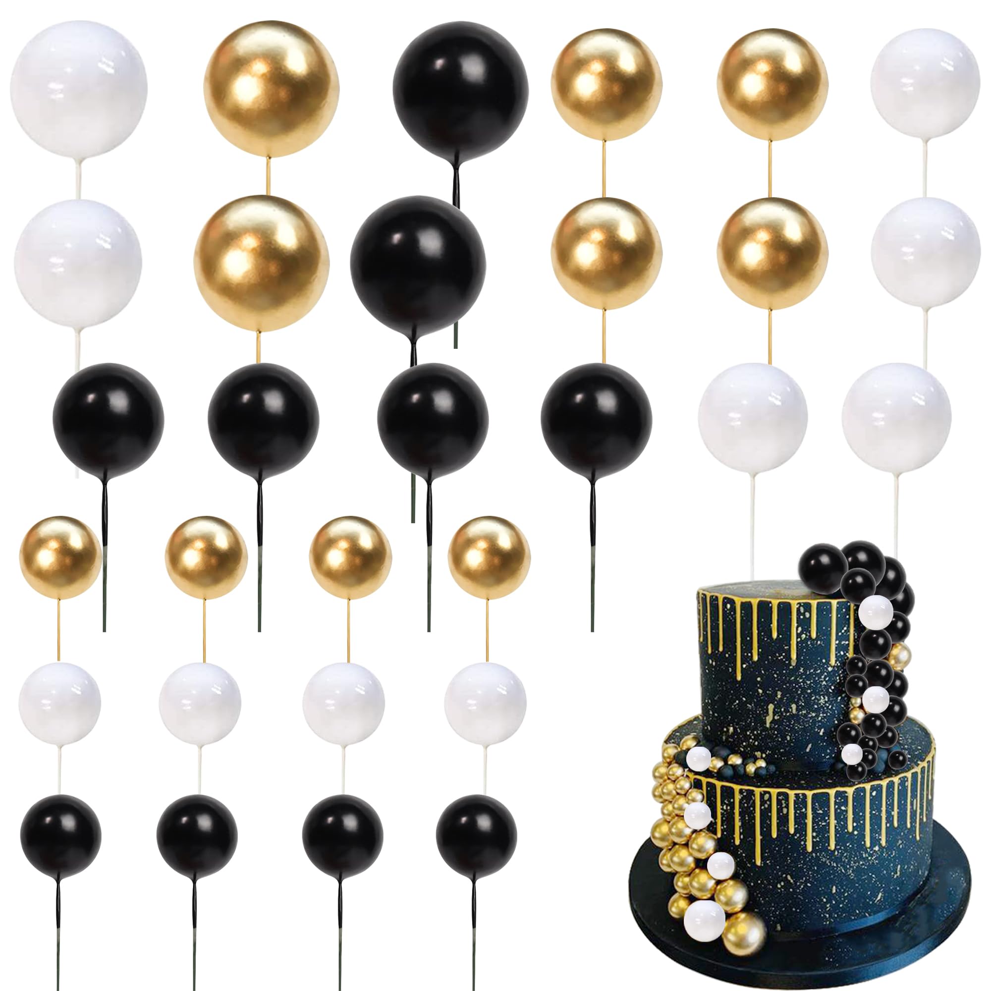 24 PCS Balls Cake Toppers Ball Cake Picks Ball Shaped Cupcake Toppers Foam Balls Cake Topper Insert Mini Balloons Cake Decorations for Wedding Baby Shower Birthday Party Supplies Black White Gold