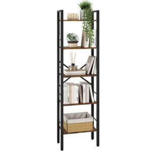 tajsoon 5 tier ladder bookshelf industrial ladder shelf, narrow tall skinny bookshelf with metal frame, multipurpose standing book shelf for bedroom, living room, kitchen, home office, rustic brown