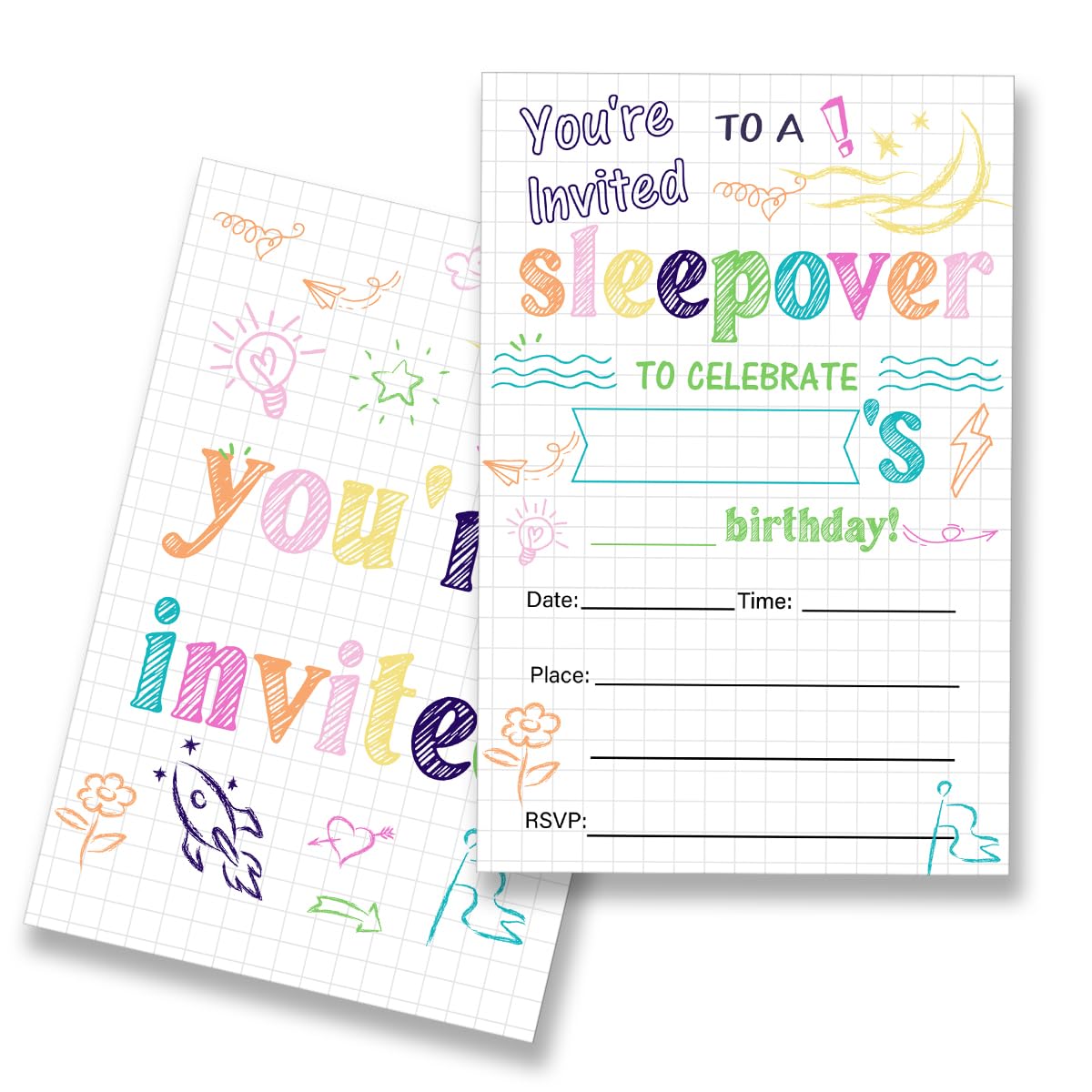 EUDOSI Sleepover Birthday Party Invitations Supplies Fill-In Set of 20 with Envelopes Slumber Theme Pajama Birthday Bash Invites Cards(Double Sided)