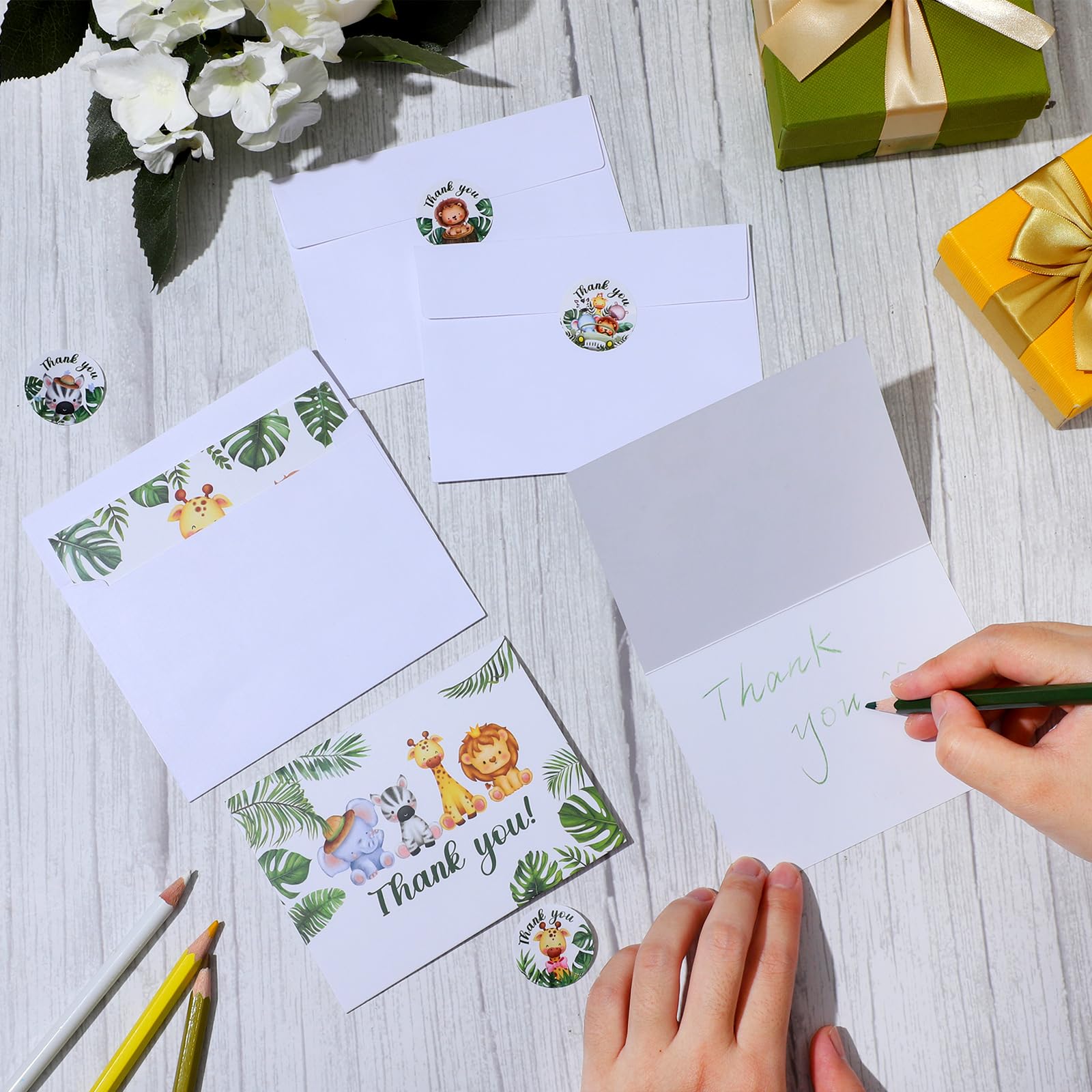 100 Pcs Safari Jungle Thank You Cards with Envelopes Stickers Forest Animals Greenery Greeting Note Cards Woodland Zoo Gratitude Card for Baby Shower Kids Birthday Party Supplies