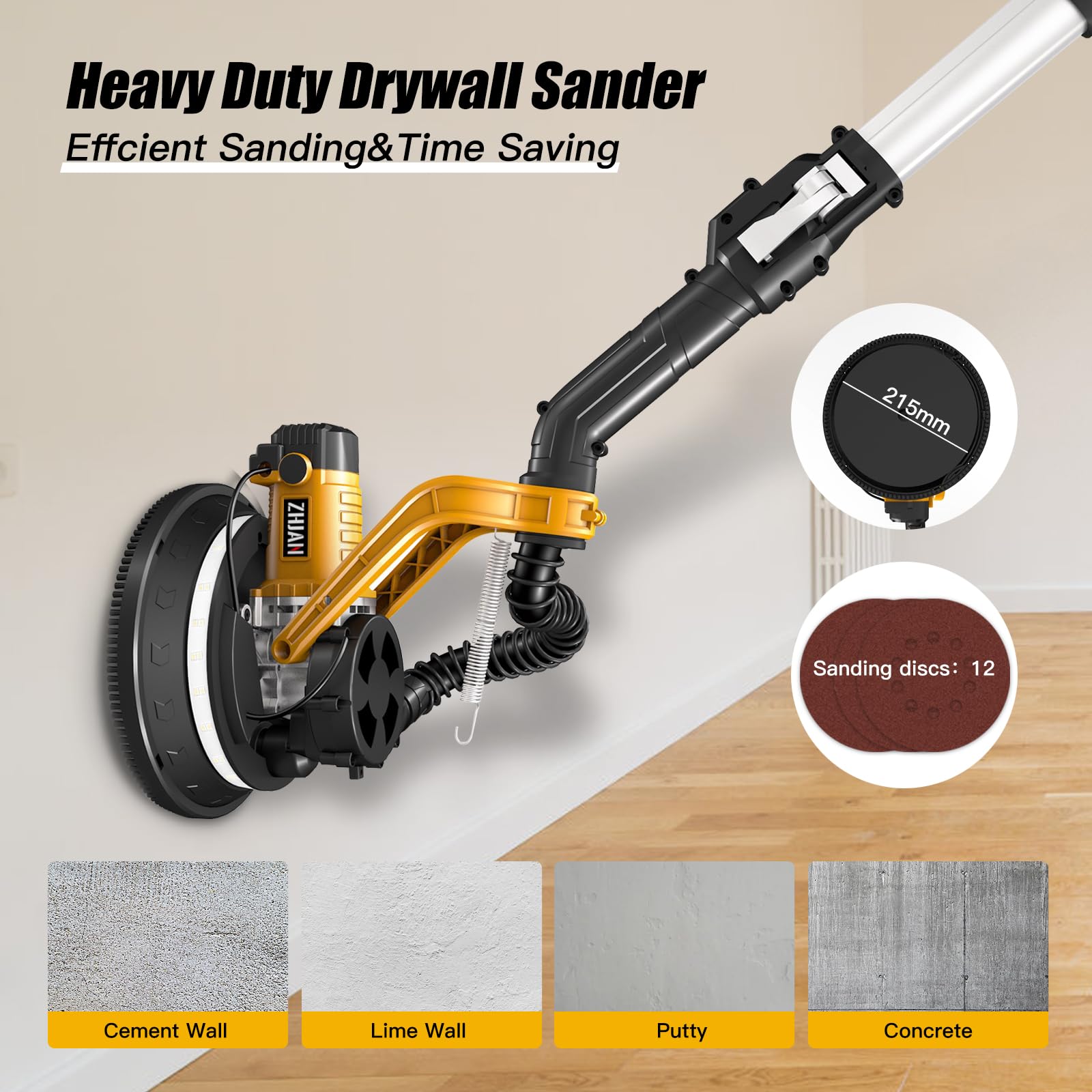 ZHJAN Heavy Duty Drywall Sander(880W) With Vacuum, Electric Drywall Sander,5 Variable Speed 1000-2100RPM,Foldable & Extendable Handle,12 Pcs Sanding discs and Dust Absorption Bag,LED Light 59 inches