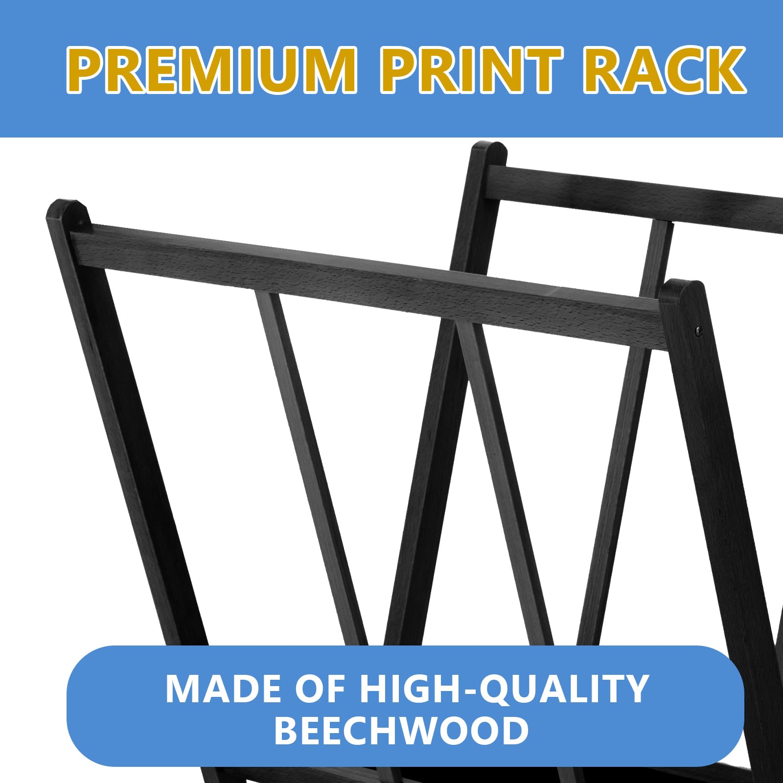 Falling in Art Large Wooden Print Rack, Art Drying and Display Rack with Rolling Casters, Storage Rack for Canvas, Prints, Panels, Posters, Shows and Art Exhibitions, Black