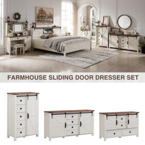 T4TREAM Farmhouse Dresser for Bedroom w/4 Drawers & Sliding Barn Doors, 48'' Wide Chest of Drawers, Rustic Dresser TV Stand w/Shelf, Dresser Organizer for Bedroom, Living Room, Entryway, Antique White