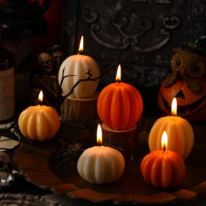 MTLEE 6 Pieces Fall Pumpkin Shaped Candles Thanksgiving Scented Candles Pumpkin Tealight Candles Home Decor Pumpkin Candle Handmade Wax Candle for Bedroom Bathroom Party (Orange, White, Pumpkin)