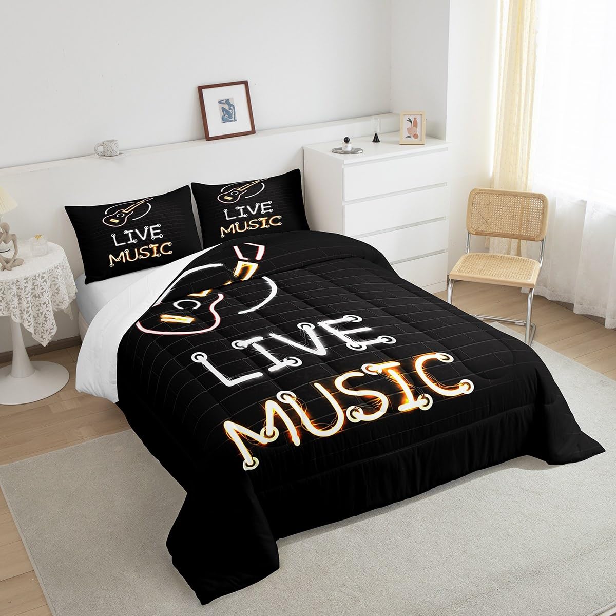 Erosebridal Neon Guitar Bedding Full for Boys Girls Live Music Comforter Set, Glowing Guitar Down Comforter Black Musical Instrument Bedding Comforter Sets, Rock Music Bar Duvet Insert 3pcs