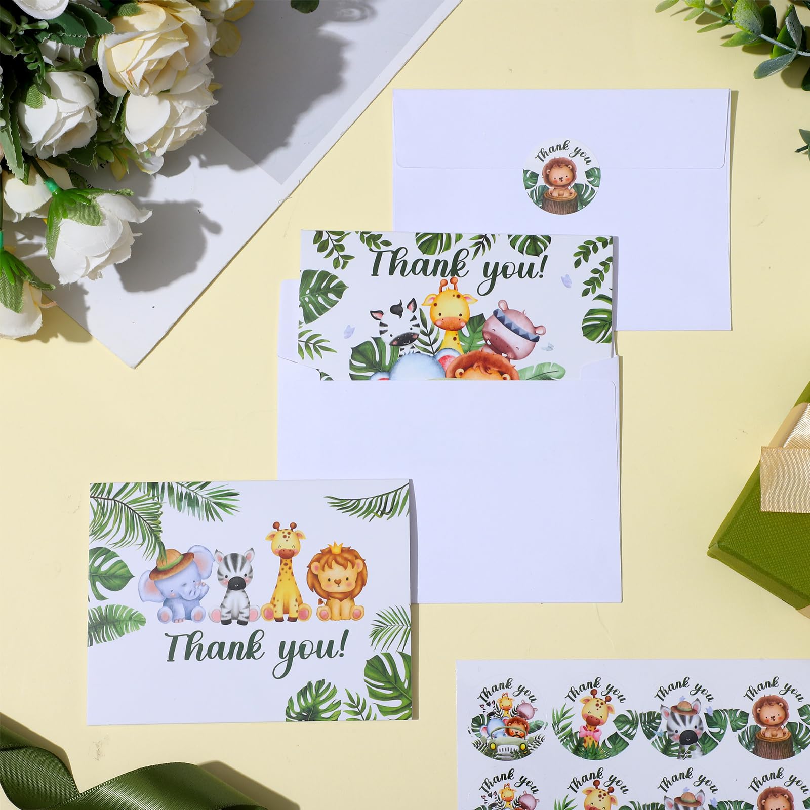 100 Pcs Safari Jungle Thank You Cards with Envelopes Stickers Forest Animals Greenery Greeting Note Cards Woodland Zoo Gratitude Card for Baby Shower Kids Birthday Party Supplies