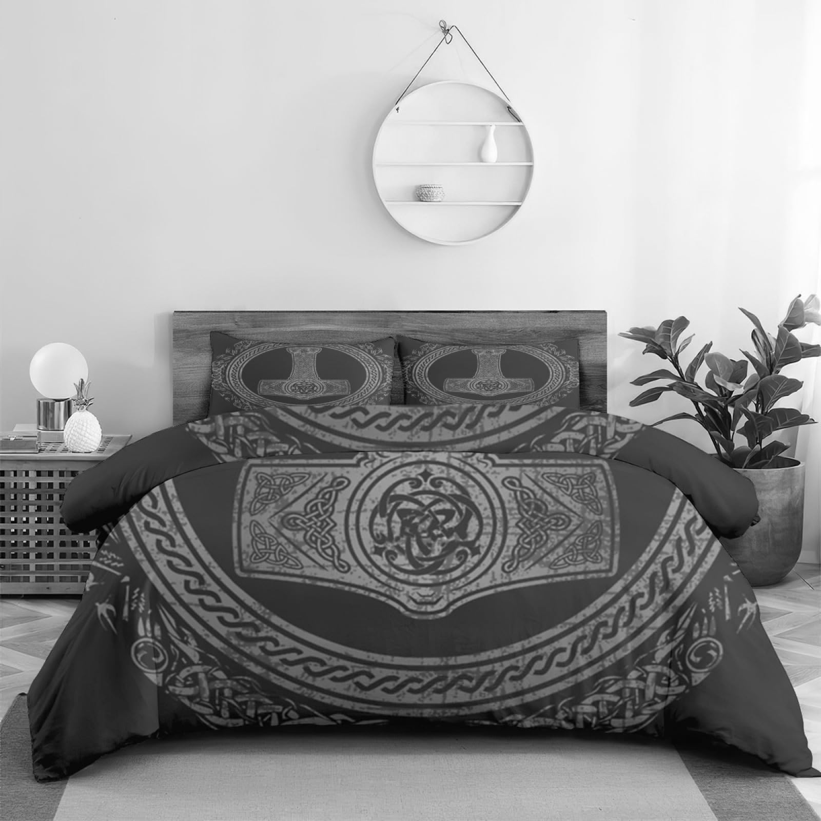 Bedding Sheet Bed Sets, Thor's Hammer Mjolnir Viking Runes Norse Mythology Soft 3-Pieces Duvet Cover Set Comfy 1 Comforter Cover & 2 Pillowcases for All Season Full(79"×90")