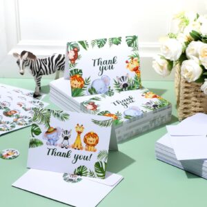 100 Pcs Safari Jungle Thank You Cards with Envelopes Stickers Forest Animals Greenery Greeting Note Cards Woodland Zoo Gratitude Card for Baby Shower Kids Birthday Party Supplies