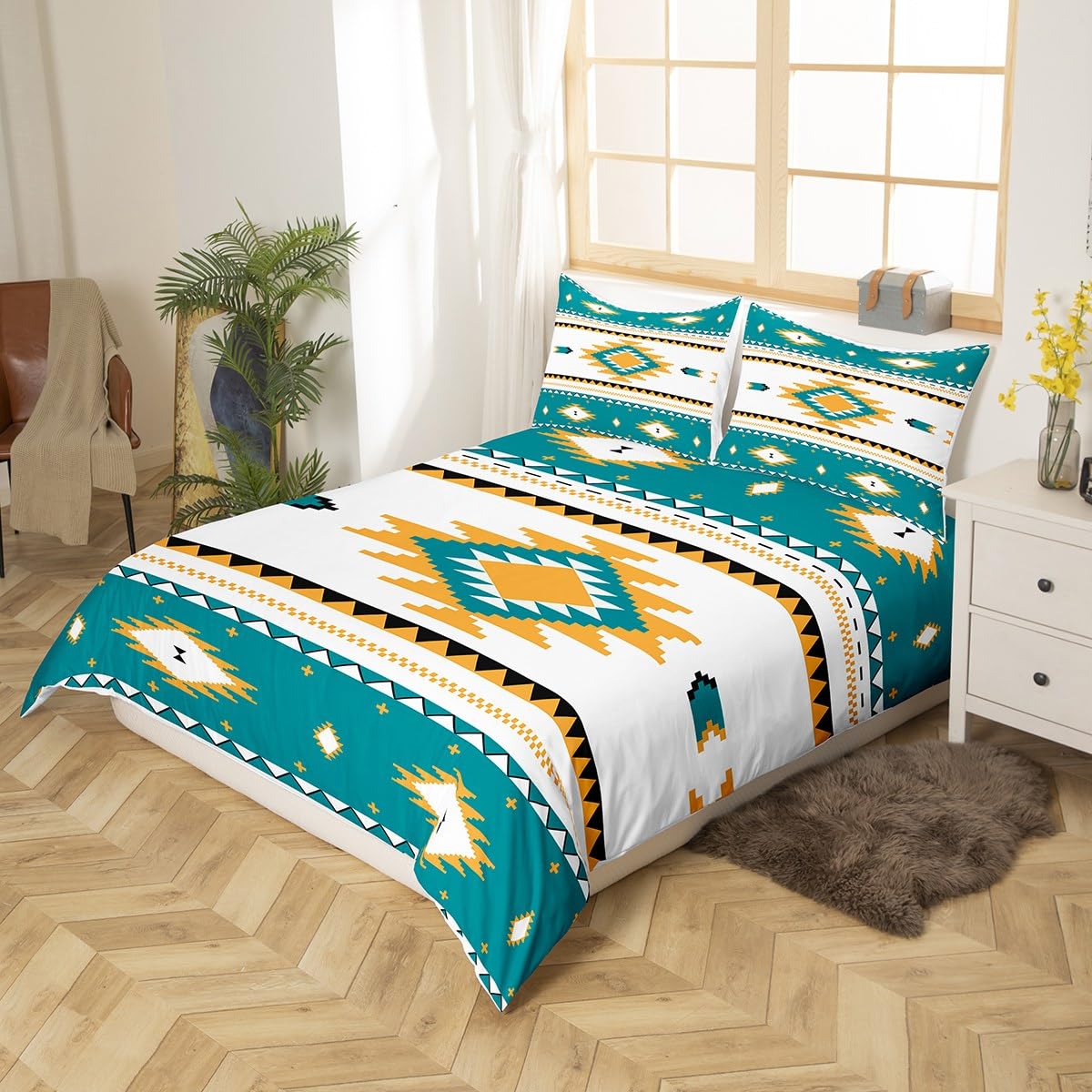 Erosebridal Boho Lattice Duvet Cover Queen, Aztec Bedding Set, Bohemian Navajo Ethnic Retro Yellow Striped Exotic Western Tribal Comforter Cover Teal Medallion Egyptian Bedroom Decor Quilt Cover