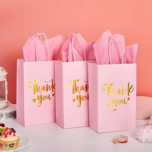 DjinnGlory 50 Pack Small Pink & Gold Foil Thank You Paper Gift Bags with Handles 9''x5.5''x3.15'' and 50 Tissue Paper for Mother's Day Wedding Bridal Baby Shower Birthday Princess Party Supplies