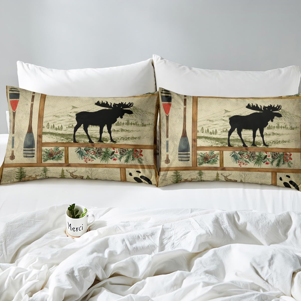 Retro Cabin Lodge Decor Duvet Cover King, Rustic Farmhouse Moose Comforter Cover, Lake House Decor Paddle Bedding Set, Woodland Pine Tree Bed Cover, Buffalo Plaid Bedspread Cover with 2 Pillowcases