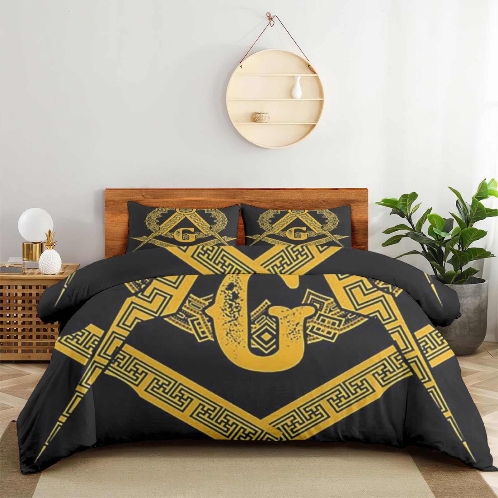 Bedding Sheet Bed Sets, Freemasonry Masonic Lodge Symbol Soft 3-Pieces Duvet Cover Set Comfy 1 Comforter Cover & 2 Pillowcases for All Season Queen(90"×90")