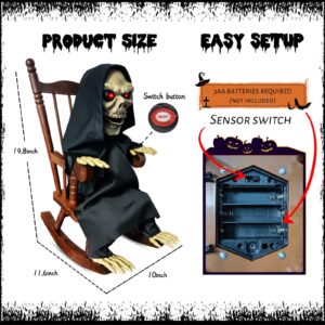 YIGORN Screaming Animated Halloween Decorations, Halloween Decor Prop with Motion Sensor, Cary Skeletons Sitting in Rocking Chairs Decorate Haunted Houses， Rocking Chair Grim Reaper