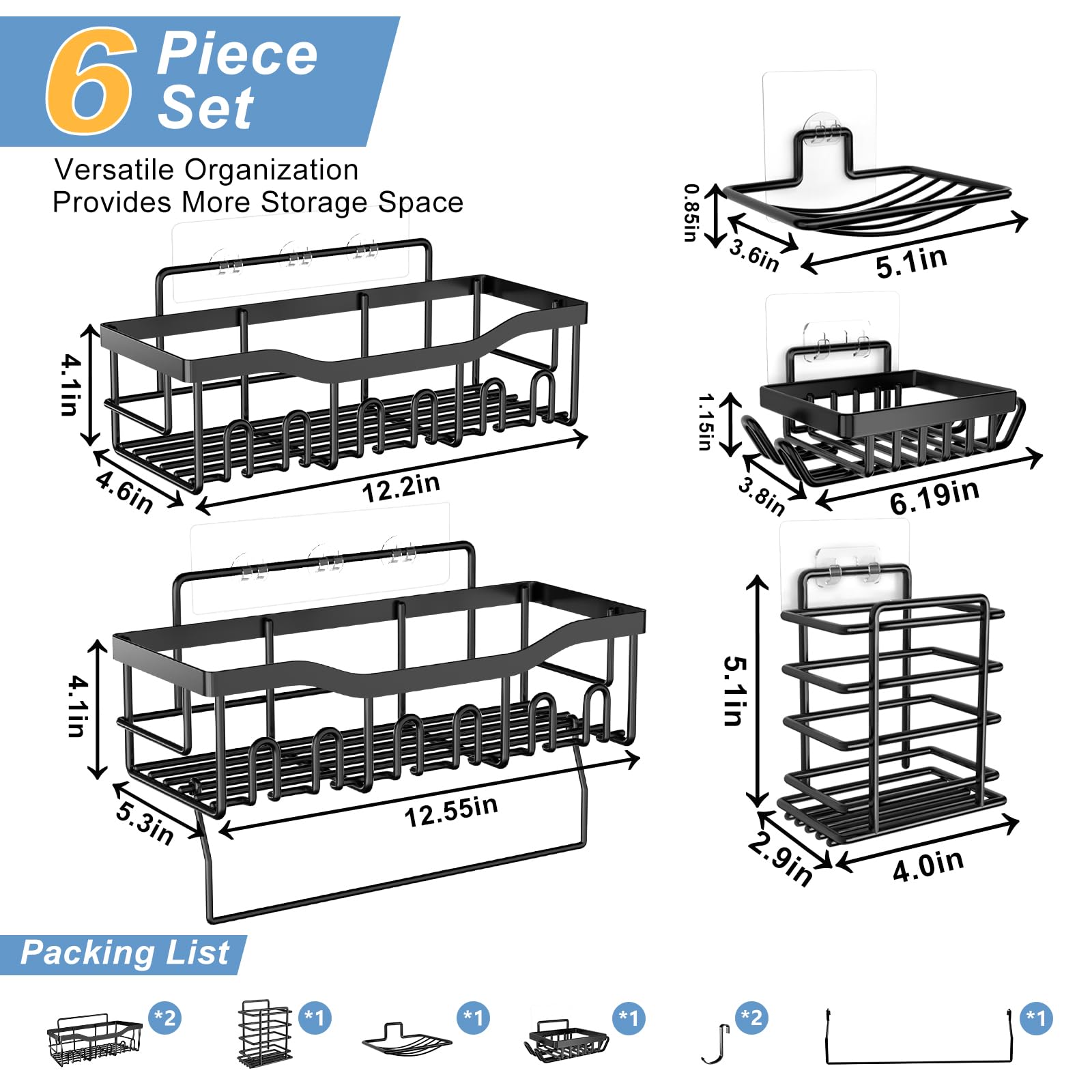 Phiaso Shower Caddy 6 Pack Shelves - Self Adhesive Shower Organizer for Bathroom Kitchen Storage, Drill-Free&Quick-Dry, Rustproof Stainless Steel Bathroom Organizer, Shower Shelf for Inside Shower