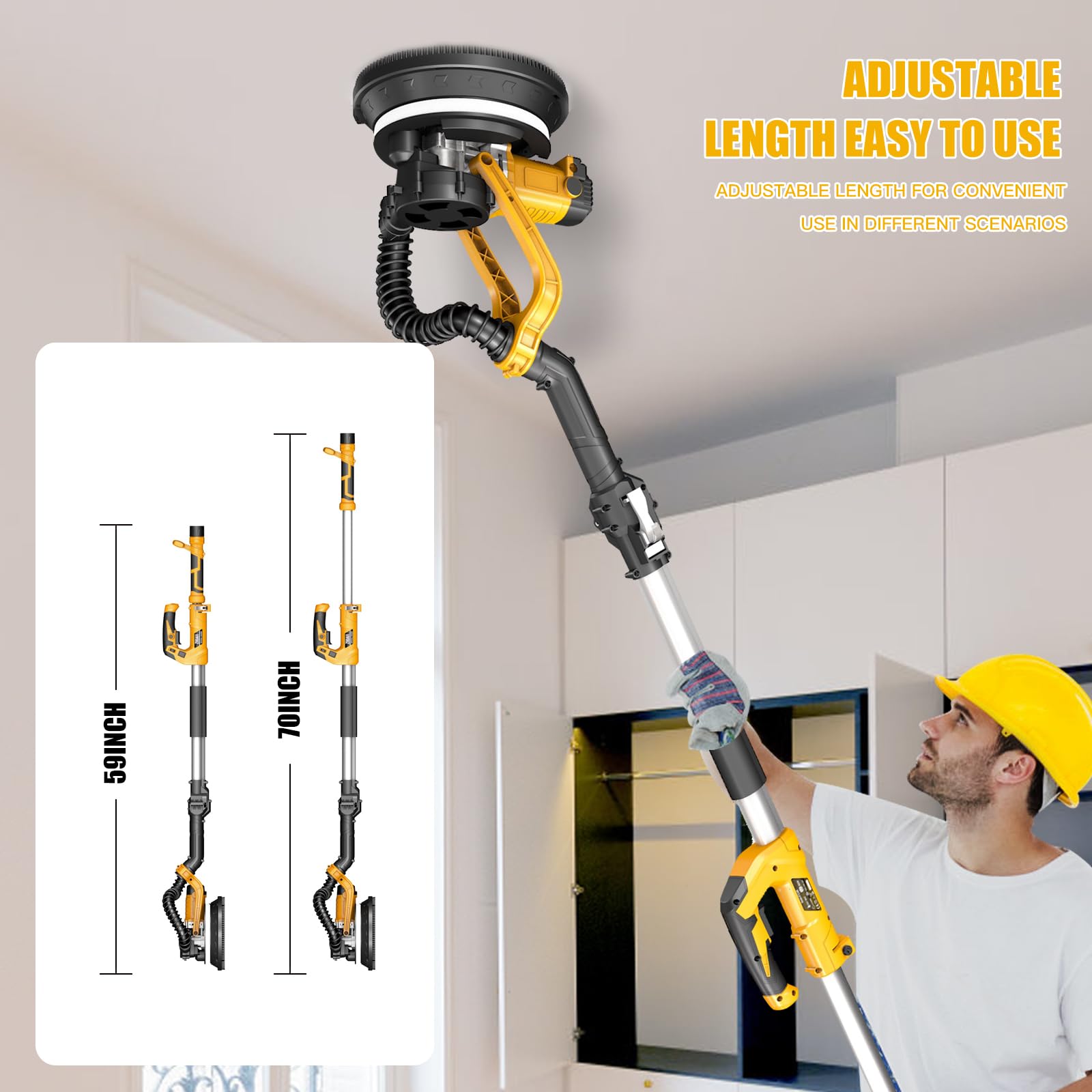 ZHJAN Heavy Duty Drywall Sander(880W) With Vacuum, Electric Drywall Sander,5 Variable Speed 1000-2100RPM,Foldable & Extendable Handle,12 Pcs Sanding discs and Dust Absorption Bag,LED Light 59 inches