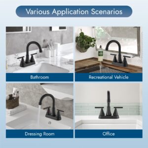 Cinwiny Bathroom Faucets 4 Inch Centerset Bathroom Sink Faucet Deck Mounted Swivel Spout Vanity Lavatory Faucet with Pop-Up Drain and Supply Lines 2 Handle Utility RV Sink Faucet,Matte Black