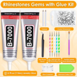 B7000 Glue Clear for Rhinestones, 2Pcs 110mL B-7000 Jewelry Bead Gem Glue with Crystal Rhinestones, Tweezer Dotting Rhinestone Tool for Clothe Fabric Shoes DIY Crafts Jewelry Making Nail Art