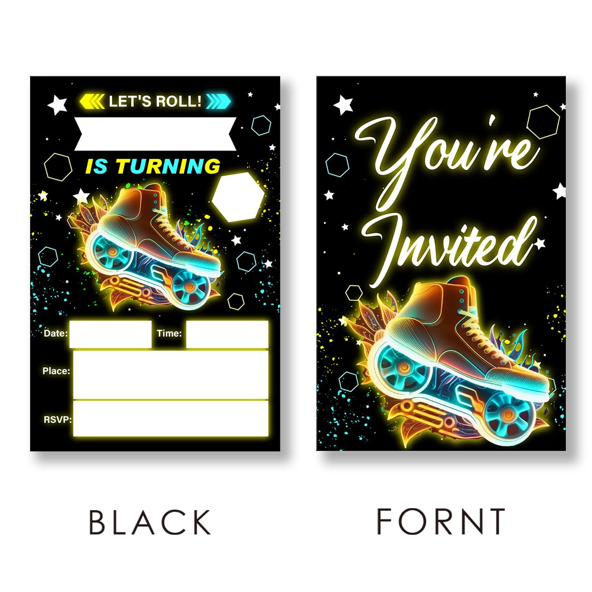 EUDOSI Roller Skating Birthday Party Invitations Supplies Fill-In Set of 20 with Envelopes Skate Theme Let's Roll Birthday Bash Invites Cards(Double Sided)