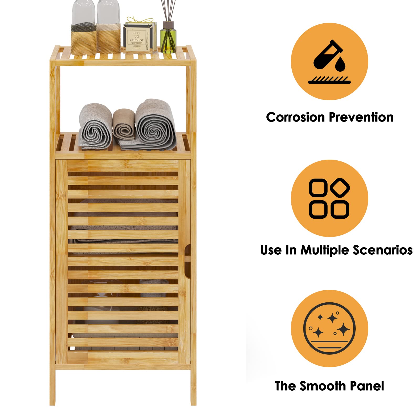 SogesHome Bamboo Bathroom Storage Cabinet, Freestanding Floor Cabinet with 2-Tier Shelf for Kitchen, Midi Cabinets with 1-Door for Living Room, Bathroom