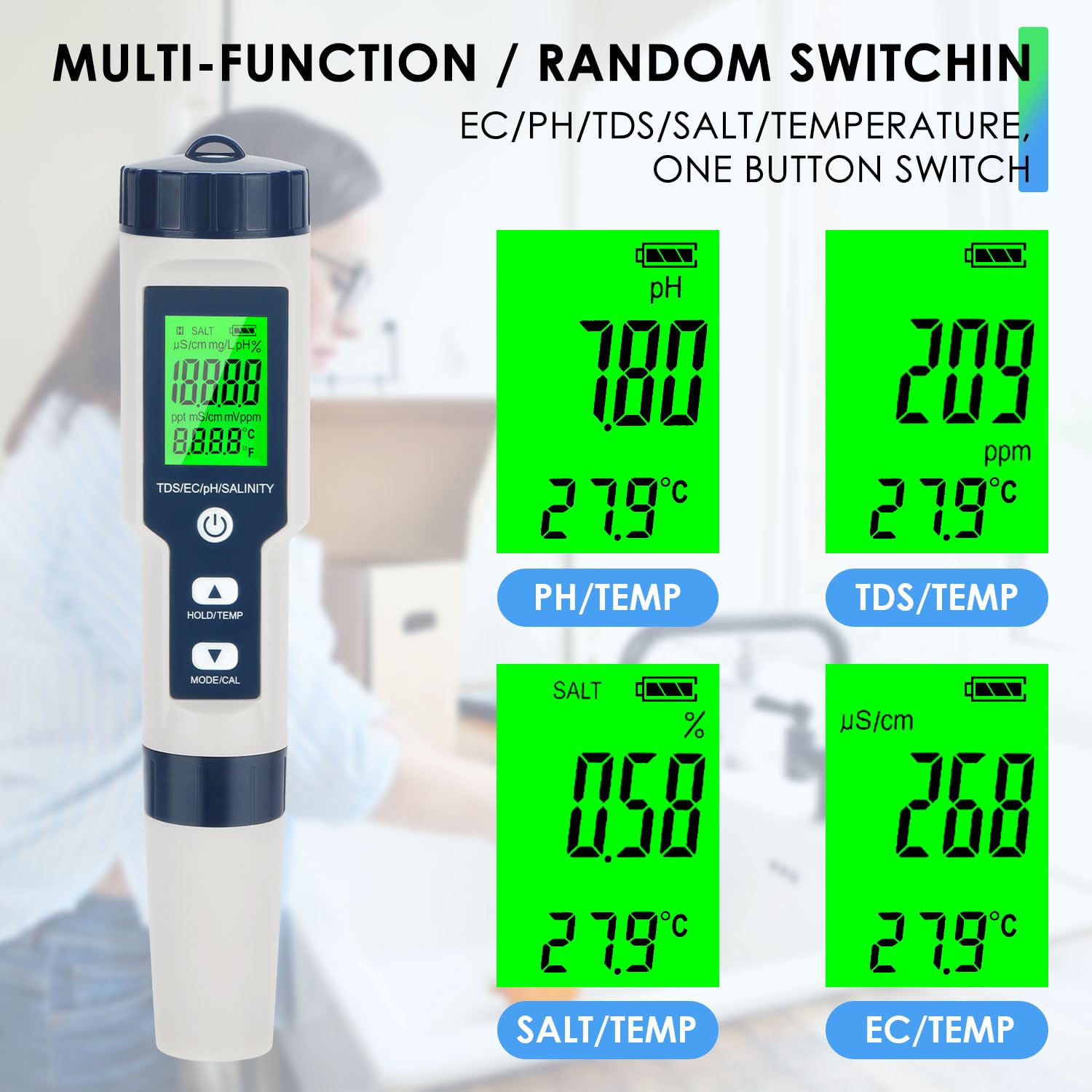 5 in 1 PH Meter for Water, PH/TDS/EC/Temp/Salt Meter, Salt Tester for Saltwater Pool, 0.01 Resolution High Accuracy Digital PH Tester for Hydroponics, Water, Wine, Aquariums and Fish Tank