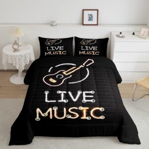 erosebridal neon guitar bedding full for boys girls live music comforter set, glowing guitar down comforter black musical instrument bedding comforter sets, rock music bar duvet insert 3pcs